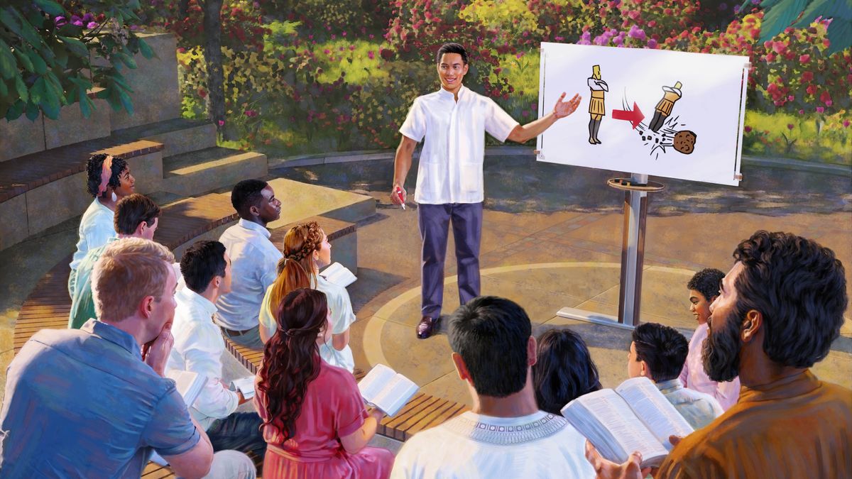 在乐园里，一个弟兄正在教导复活过来的人。他指着白板上的图画，图画描绘的是但以理书第2章谈到的巨像。